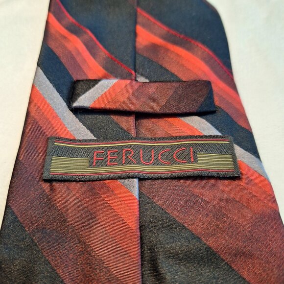 Ferucci Mens Neck Tie Red Burgundy Black White Striped 100% Silk Hand Made - Picture 4 of 6